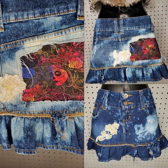 Trashed Glammed Up Grunge Lace Sequins Sugar Skull Denim Skirt, Sz 5 Custom UP - Picture 1 of 9